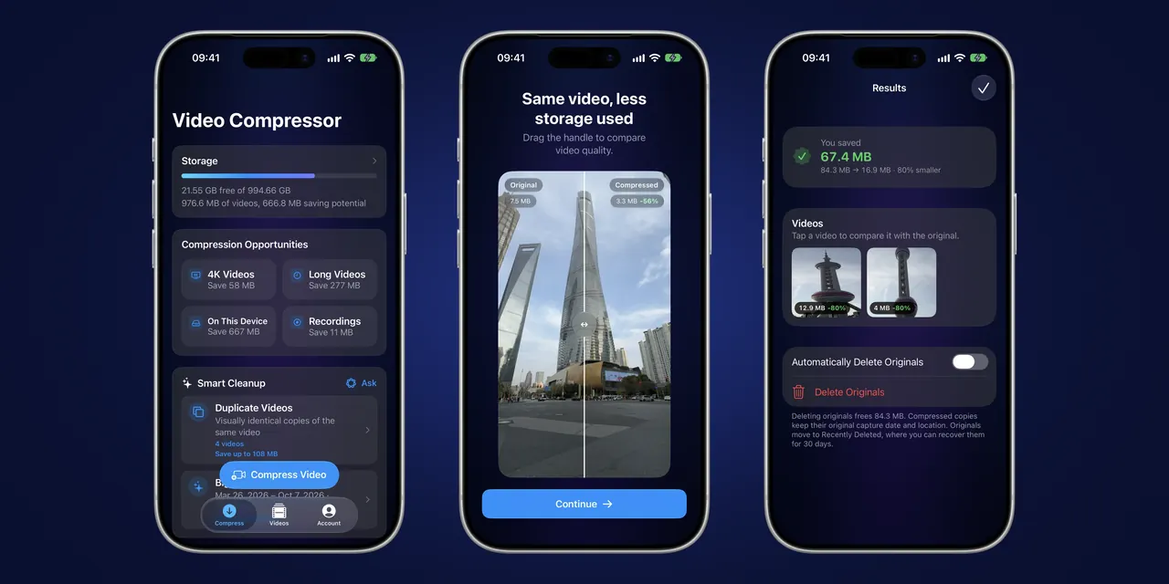 Three iPhones side by side on a dark blue background, showing the Video Compressor home screen, the comparison slider with an original and a compressed video, and the results screen.